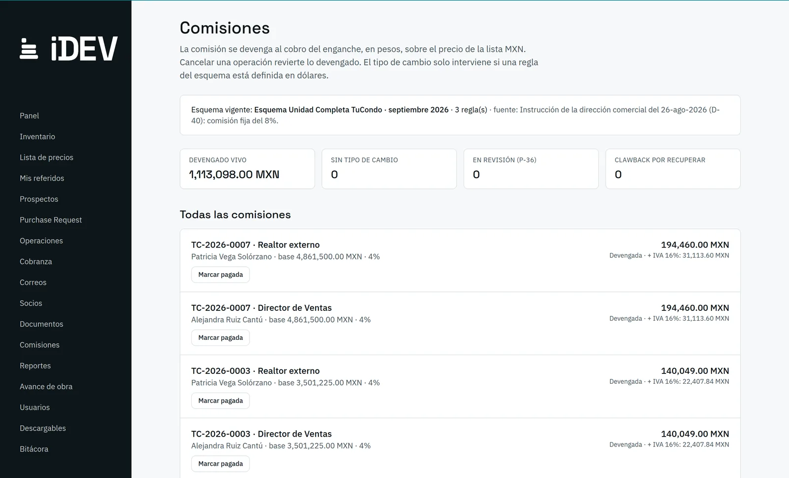 Pantalla de comisiones: devengado vivo, en revisión y lista de comisiones por operación