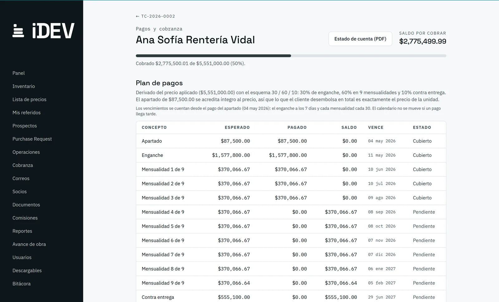 Plan de pagos de una operación: concepto, esperado, pagado, saldo, vencimiento y estado